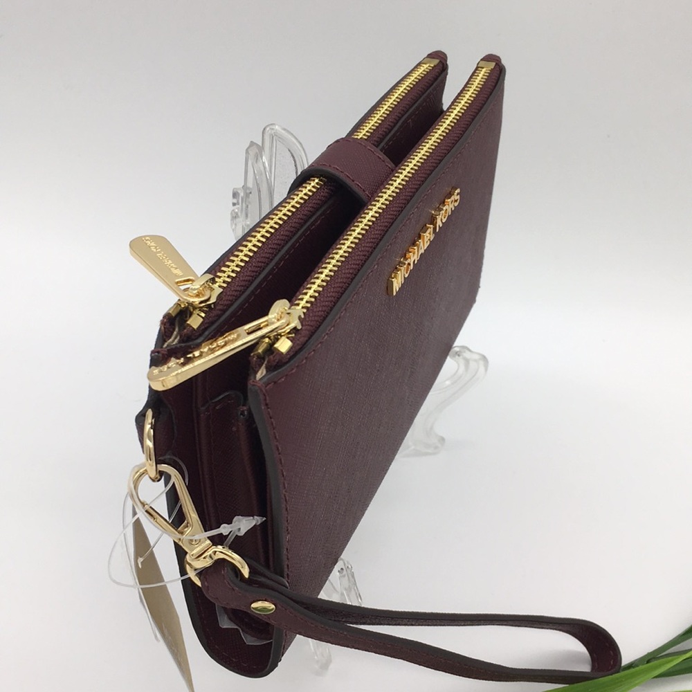 Michael Kors Jet Set Travel LG Double Zip Wristlet Wallet Leather Dark Cherry - Picture 3 of 13